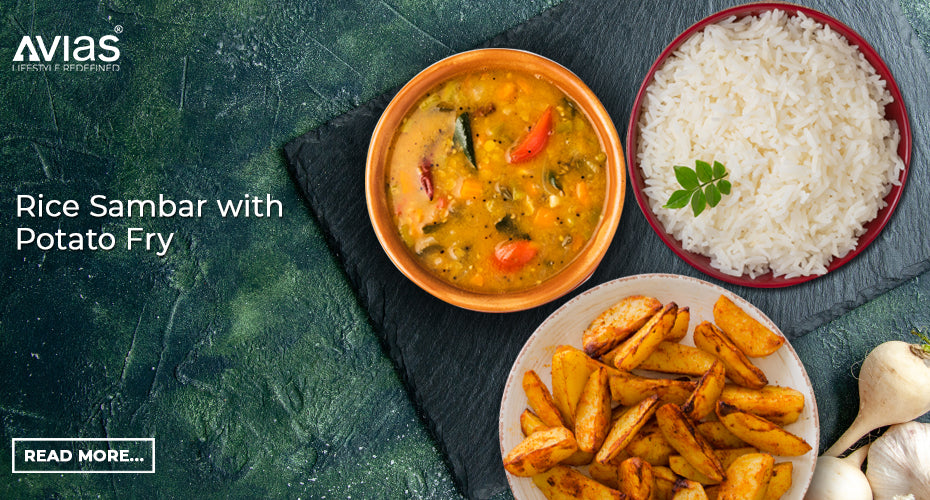 South Indian Rice, Sambar & Potato Fry: A Flavorful Duo Served Hot in Style