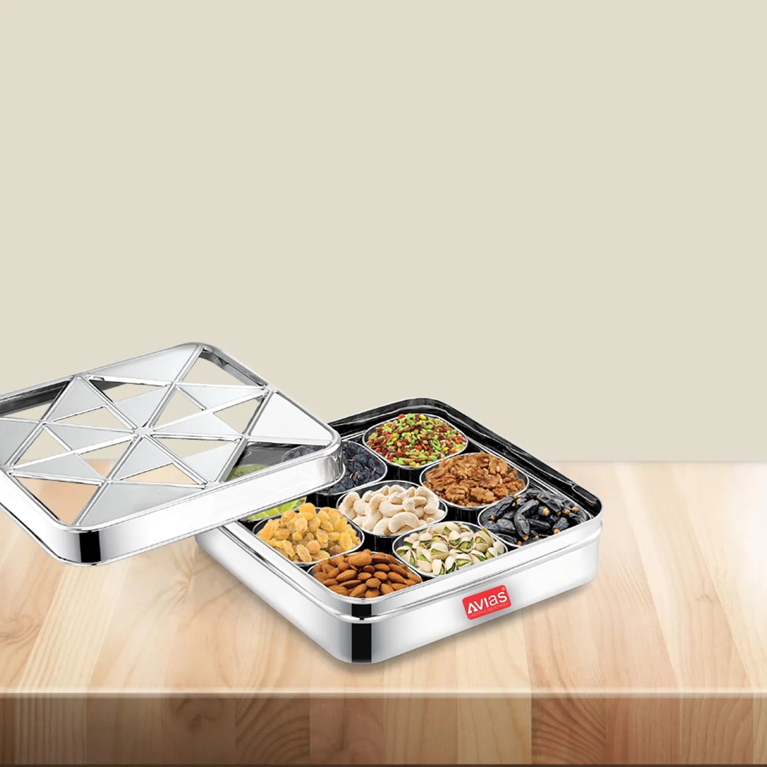 AVIAS Trios 9 square dryfruit cum spice box |Premium quality stainless steel |see-through lid with unbreakable acrylic sheet