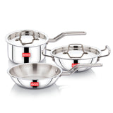 AVIAS AVI3 Triply Stainless Steel 5 Pcs Cookware Set, 22 cm Kadai with Lid, 22 cm Frypan, 14 cm Sauce Pan, Steel Casted Handles, Even and Fast Heating, Induction Bottom