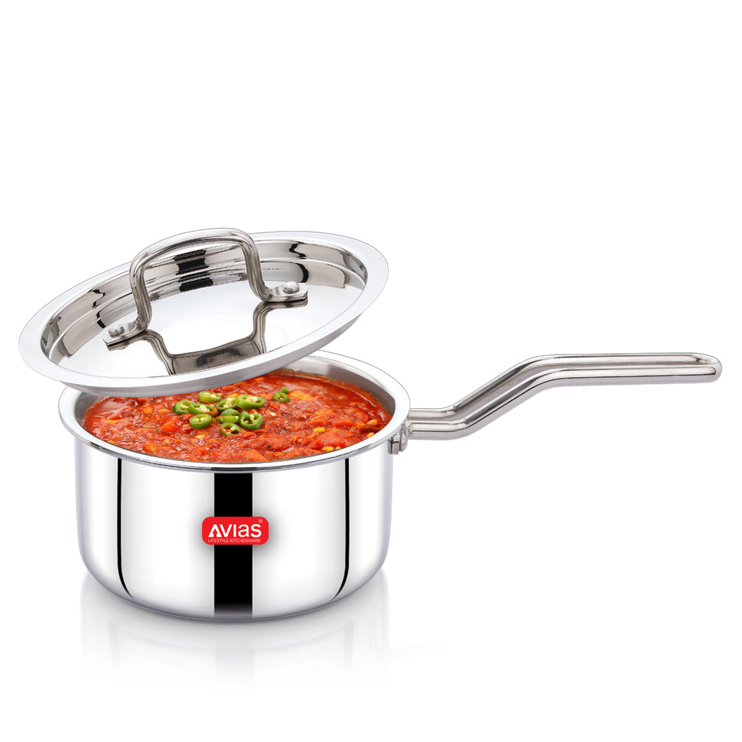 AVIAS AVI3 Triply Sauce Pan, 14 / 16 / 18 cm Stainless Steel Sauce Pan with Lid, 3 Layer, Steel Casted Handles, Flat Bottom Sauce Pan with Induction Base, 2.5 Mm Thickness, 1.1 / 1.5 / 2 Litre Capacity