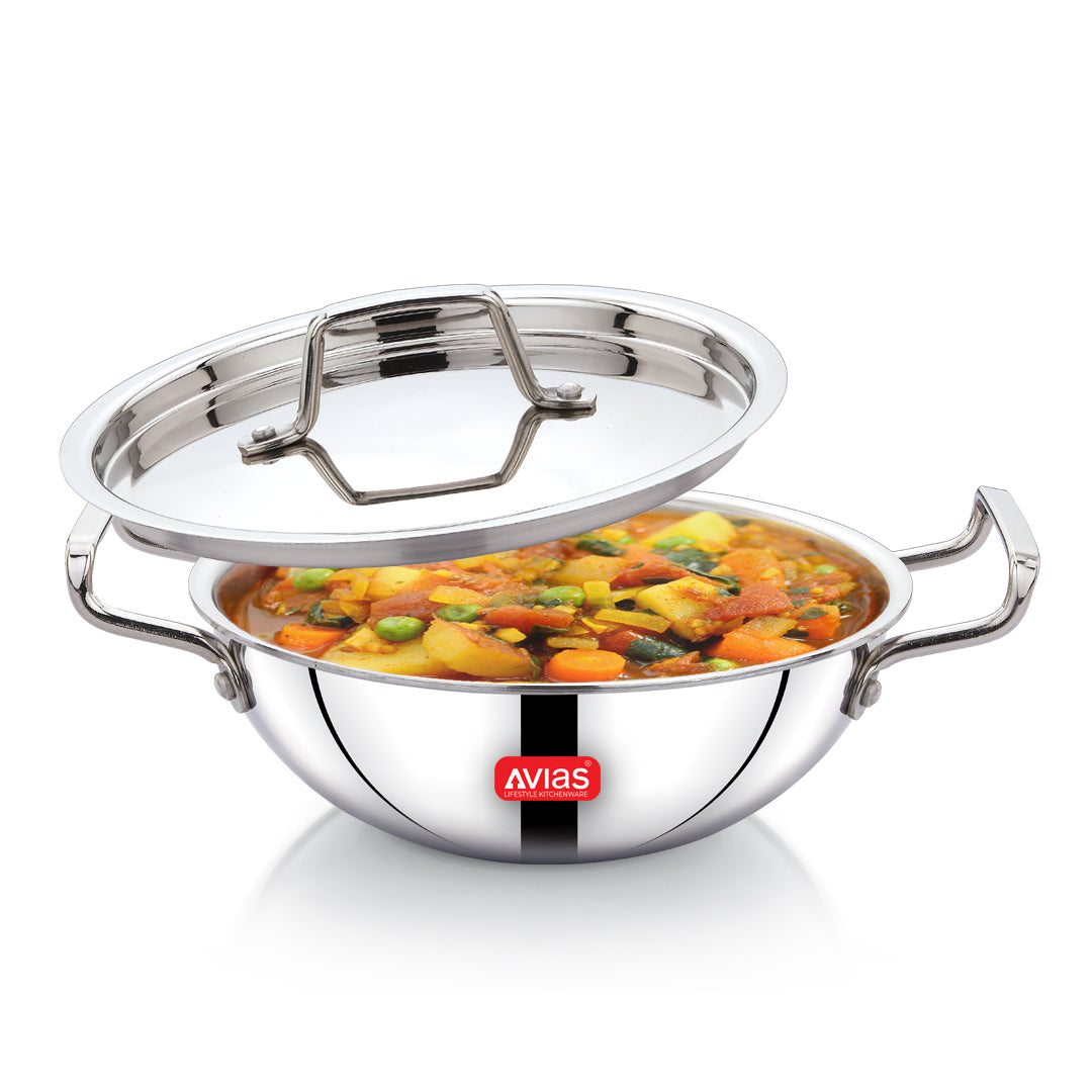 AVIAS AVI3 Triply Kadai, 20 / 22 / 24 / 26 cm Stainless Steel Kadhai with Lid, 3 Layer, Steel Casted Handles, Flat Bottom Kadhai with Induction Base, 2.5 Mm Thickness, 1.5 / 2 / 2.5 / 3.25 Litre Capacity