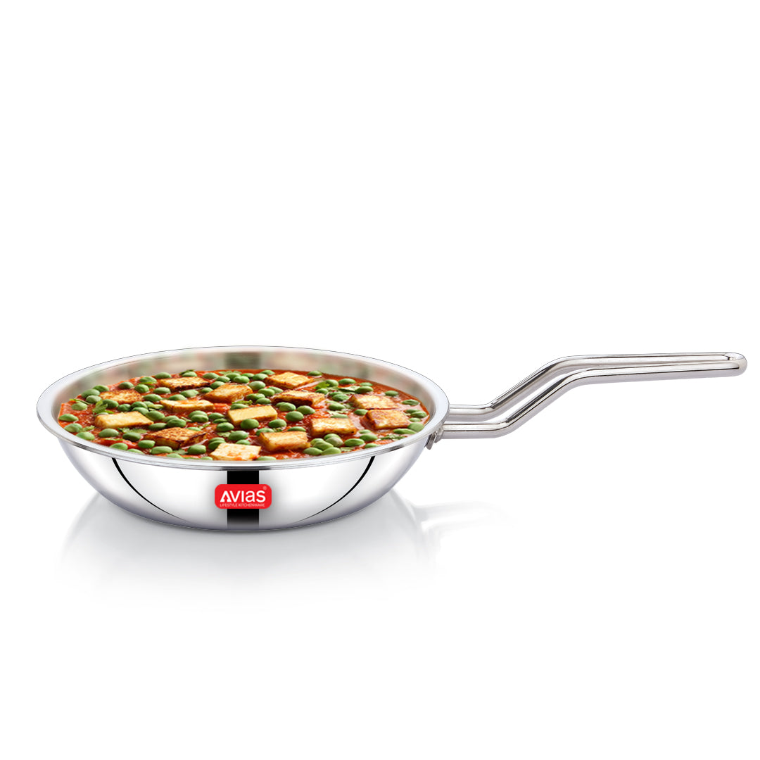 AVIAS AVI3 Triply Fry Pan, 22 / 24 cm Stainless Steel Fry Pan, 3 Layer, Steel Casted Handles, Flat Bottom Fry Pan with Induction Base, 2.5 Mm Thickness, 1.25 / 1.5 Litre Capacity
