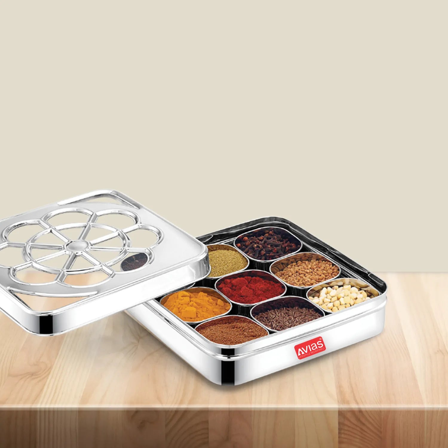 AVIAS Flora 9 square Premium quality Stainless steel Dry fruit cum Spice box