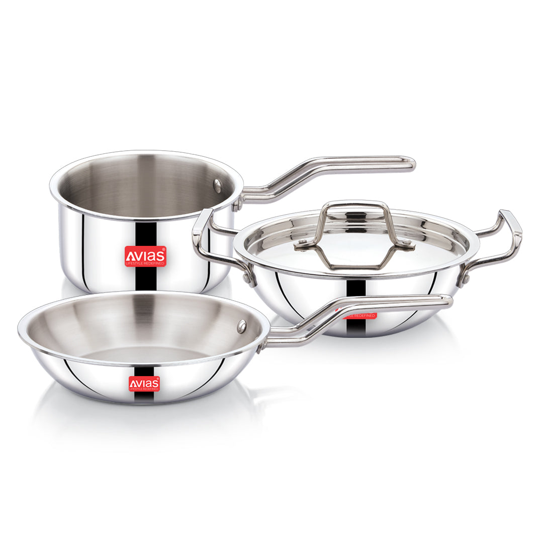 AVIAS AVI3 Triply Stainless Steel 4 Pc Cookware Set, 22 cm Kadai with Lid, 22 cm Frypan, 14 cm Sauce Pan, Steel Casted Handles, Even and Fast Heating, Induction Bottom