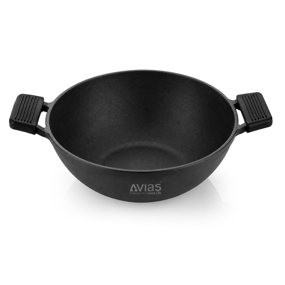 Avias Cast Iron Deep Kadai | Irumbhu Kadai | Pre-Seasoned | Induction Compatible | 100% Natural & Toxin-Free