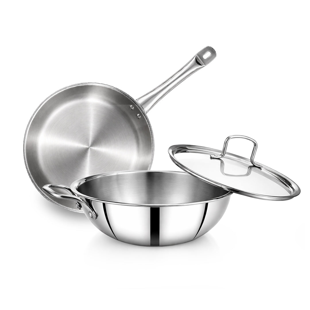 Avias Trivera Triply Stainless Steel Cookware Set | 3 Pc | Kadai + Frypan | SS Lid