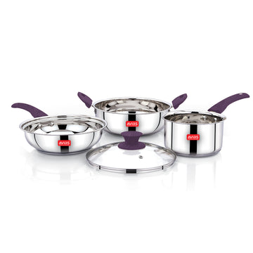 AVIAS Inox Stainless Steel 4 Pc Cookware Set, 22 cm Kadai with Glass Lid, 22 cm Frypan, 16 cm Sauce Pan, Triply Bottom