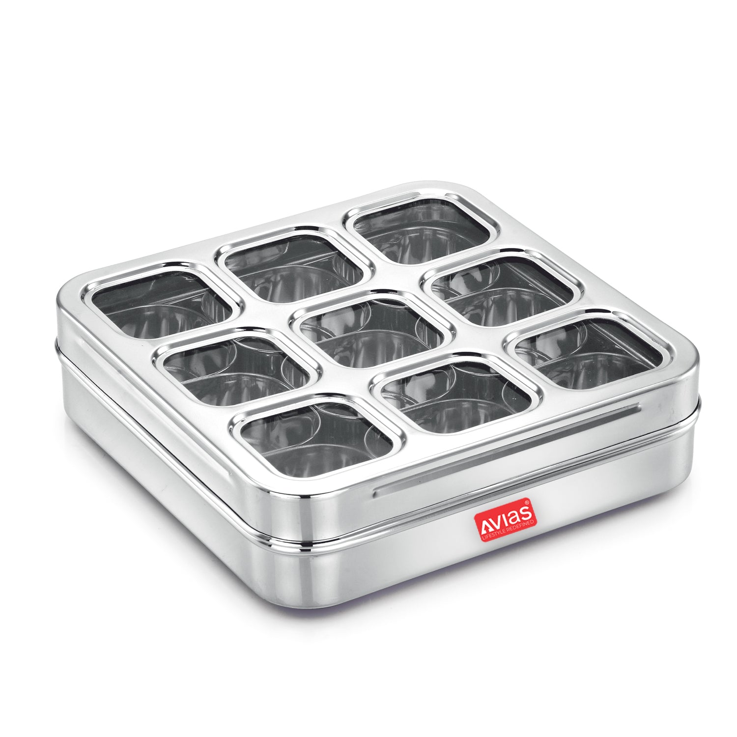 Avias 9-Square Stainless Steel Spice Box | Design Masala Dabba | 9 Compartments | Medium