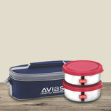 AVIAS Freshia stainless steel lunch/ tiffin box (horizontal) | light-weight stainless steel boxes with air-tight lids | durable machine wash bag | 2/4 containers
