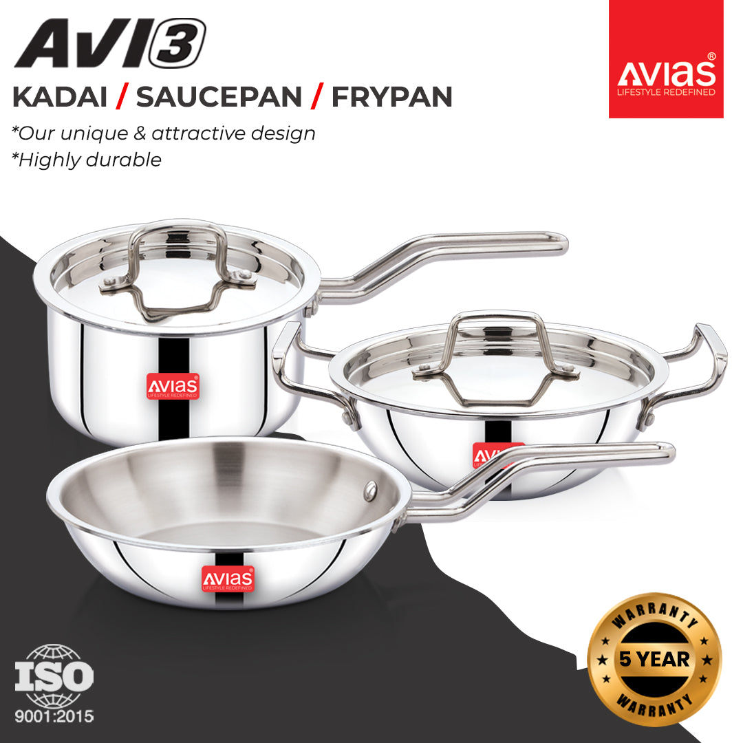 AVIAS AVI3 Triply Stainless Steel 5 Pcs Cookware Set, 22 cm Kadai with Lid, 22 cm Frypan, 14 cm Sauce Pan, Steel Casted Handles, Even and Fast Heating, Induction Bottom
