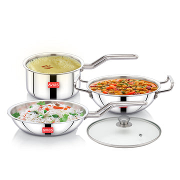 AVIAS AVI3 Triply Stainless Steel 4 Pc Cookware Set, 22 cm Kadai with Glass Lid, 22 cm Frypan, 14 cm Sauce Pan, Steel Casted Handles, Even and Fast Heating, Triply Bottom