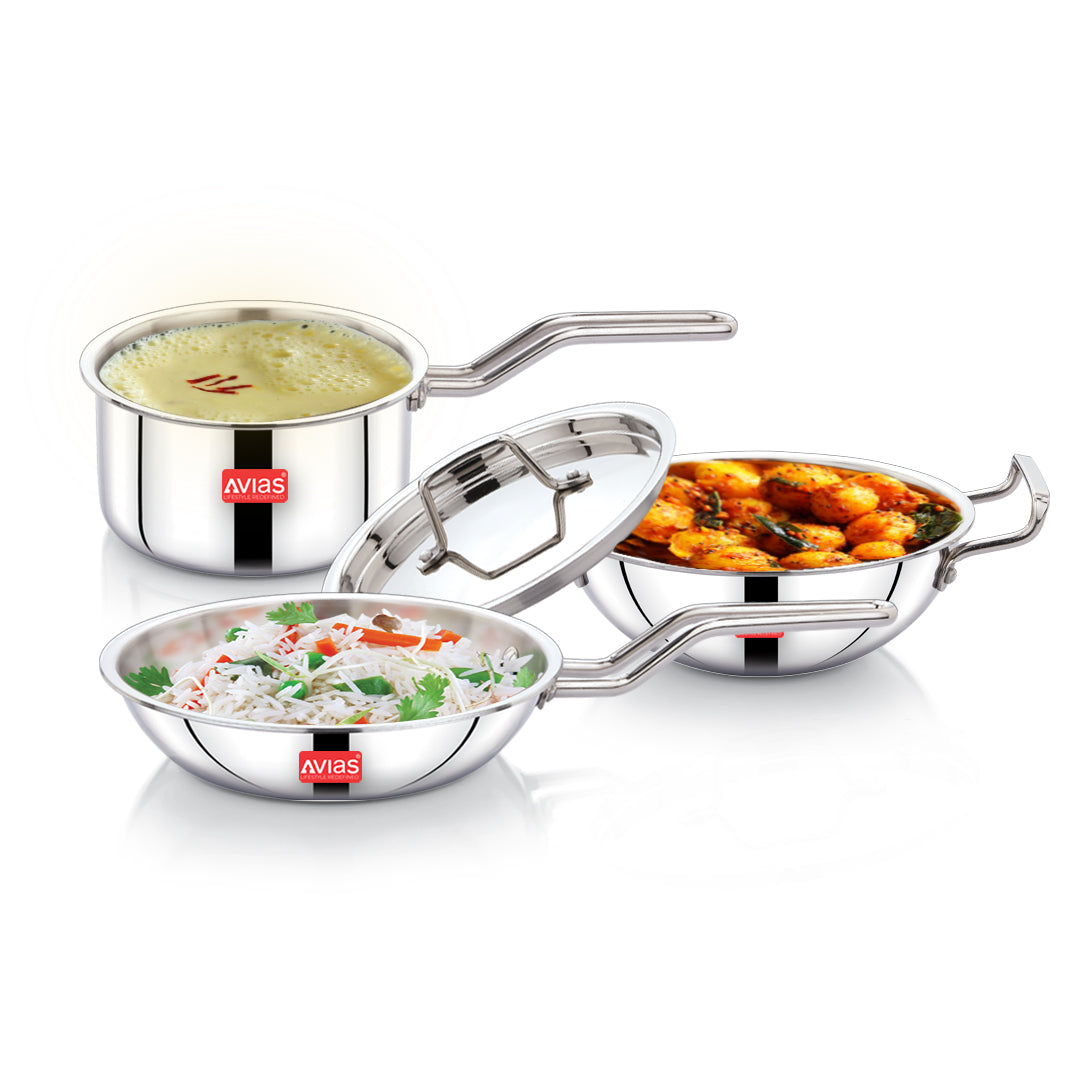 AVIAS AVI3 Triply Stainless Steel 4 Pc Cookware Set, 22 cm Kadai with Lid, 22 cm Frypan, 14 cm Sauce Pan, Steel Casted Handles, Even and Fast Heating, Induction Bottom