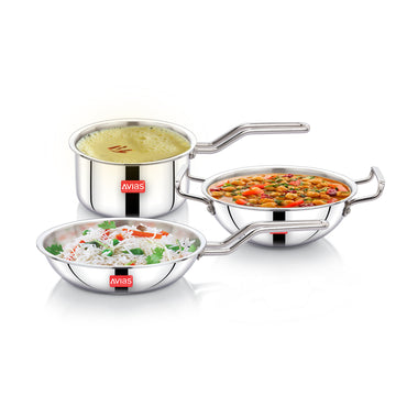 AVIAS AVI3 Triply Stainless Steel 3 Pc Cookware Set (Without Lids) – 22 cm Kadai, 22 cm Frypan, 14 cm Sauce Pan, Steel Casted Handles, Even and Fast Heating, Triply Bottom