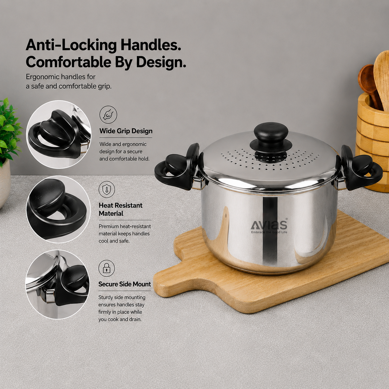Avias Stainless Steel Strainer Pot 3.7L | Built-in Strainer + Glass Lid | Induction Compatible