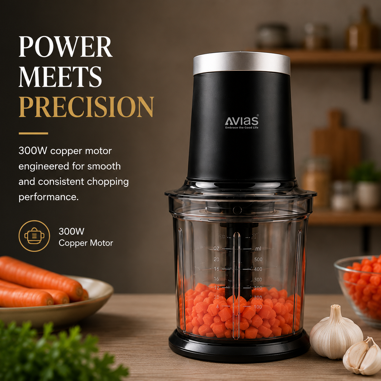 Avias Avismart Electric Vegetable Chopper | 300W Copper Motor | 2 Speed | 900ml | 4 SS Blades | 2 Yr Warranty