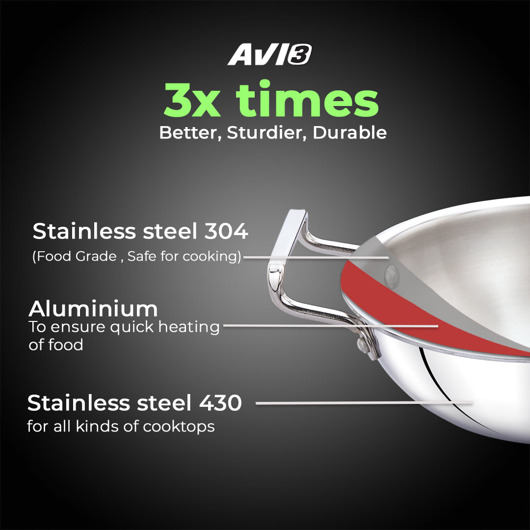 AVIAS AVI3 Triply Kadai, 20 / 22 / 24 / 26 cm Stainless Steel Kadhai with Lid, 3 Layer, Steel Casted Handles, Flat Bottom Kadhai with Induction Base, 2.5 Mm Thickness, 1.5 / 2 / 2.5 / 3.25 Litre Capacity