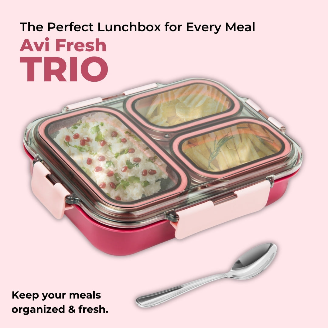 AVIAS Avifresh Stainless Steel Insulated Lunch Box with Spoon | Tiffin Box for School, College, and Office - TRIO