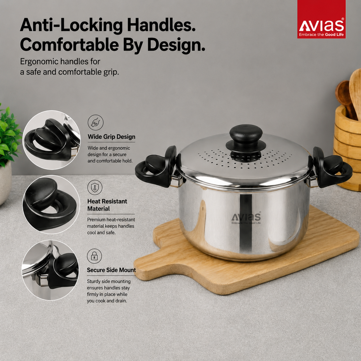 Avias Stainless Steel Strainer Pot 3.7L | Built-in Strainer | Induction Compatible