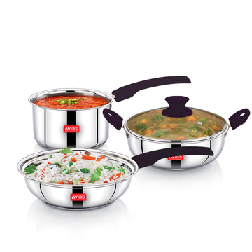 AVIAS Inox Stainless Steel 4 Pc Cookware Set, 22 cm Kadai with Glass Lid, 22 cm Frypan, 16 cm Sauce Pan, Triply Bottom