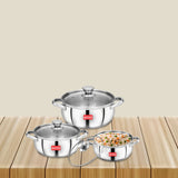 AVIAS Inox IB 6pcs Cookpot Set | Sandwich Bottom | Robust and Highly durable | Induction friendly | Riveted handles | 3 pieces of Cookpot + glass lid