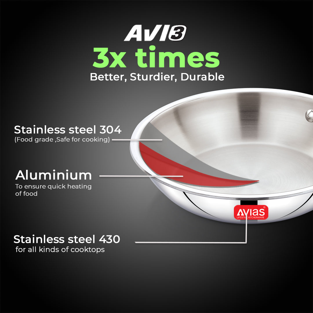 AVIAS AVI3 Triply Fry Pan, 22 / 24 cm Stainless Steel Fry Pan, 3 Layer, Steel Casted Handles, Flat Bottom Fry Pan with Induction Base, 2.5 Mm Thickness, 1.25 / 1.5 Litre Capacity