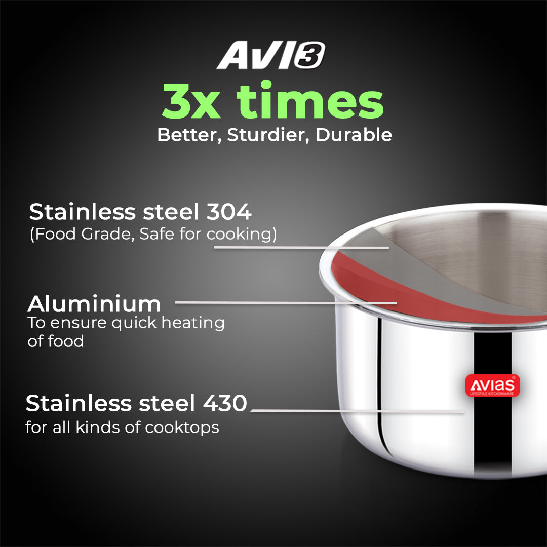 AVIAS AVI3 Triply Sauce Pan, 14 / 16 / 18 cm Stainless Steel Sauce Pan with Lid, 3 Layer, Steel Casted Handles, Flat Bottom Sauce Pan with Induction Base, 2.5 Mm Thickness, 1.1 / 1.5 / 2 Litre Capacity