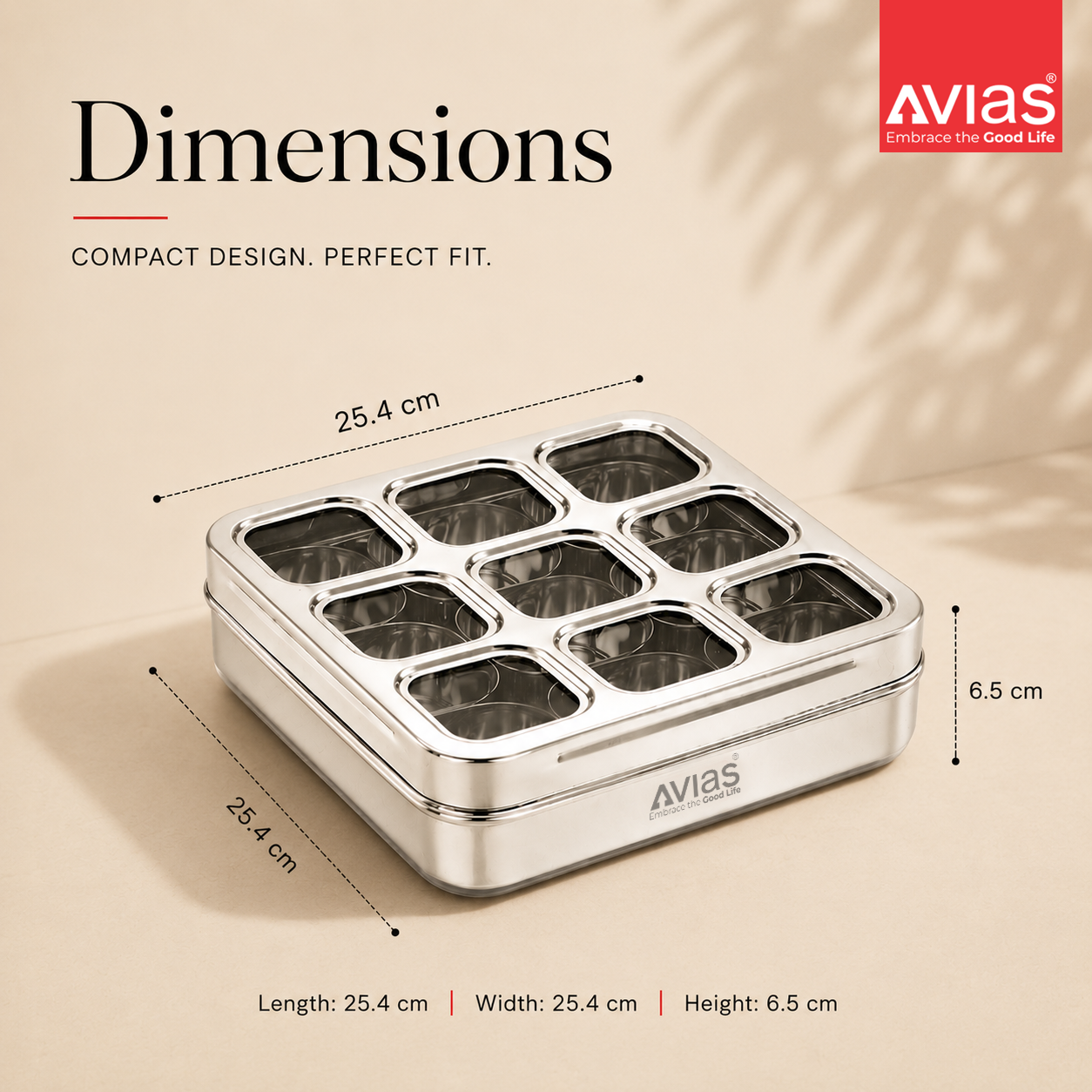 Avias 9-Square Stainless Steel Spice Box | Masala Dabba | 9 Compartments | Large