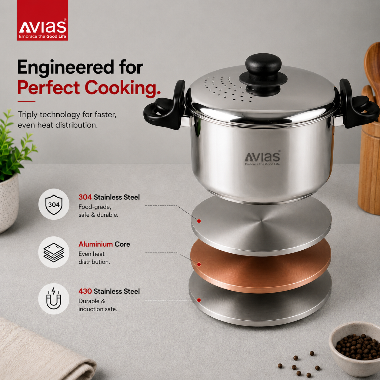 Avias Stainless Steel Strainer Pot 3L | Built-in Strainer | Induction Compatible