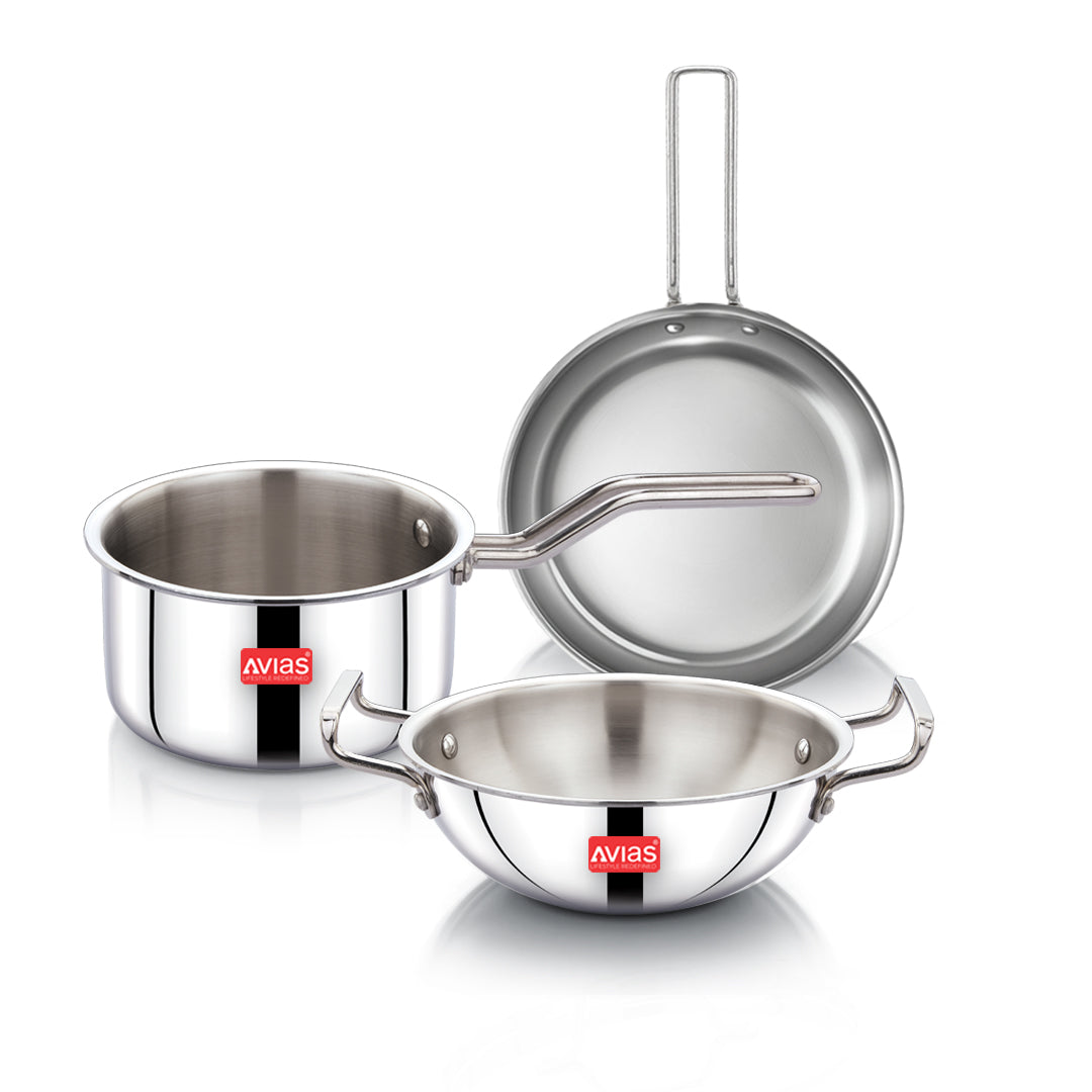 AVIAS AVI3 Triply Stainless Steel 3 Pc Cookware Set (Without Lids) – 22 cm Kadai, 22 cm Frypan, 14 cm Sauce Pan, Steel Casted Handles, Even and Fast Heating, Triply Bottom