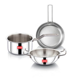 AVIAS AVI3 Triply Stainless Steel 3 Pc Cookware Set (Without Lids) – 22 cm Kadai, 22 cm Frypan, 14 cm Sauce Pan, Steel Casted Handles, Even and Fast Heating, Triply Bottom