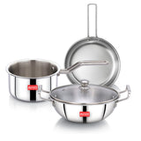 AVIAS AVI3 Triply Stainless Steel 4 Pc Cookware Set, 22 cm Kadai with Glass Lid, 22 cm Frypan, 14 cm Sauce Pan, Steel Casted Handles, Even and Fast Heating, Triply Bottom
