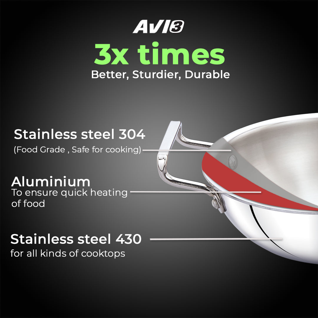 AVIAS AVI3 Triply Stainless Steel 4 Pc Cookware Set, 22 cm Kadai with Glass Lid, 22 cm Frypan, 14 cm Sauce Pan, Steel Casted Handles, Even and Fast Heating, Triply Bottom