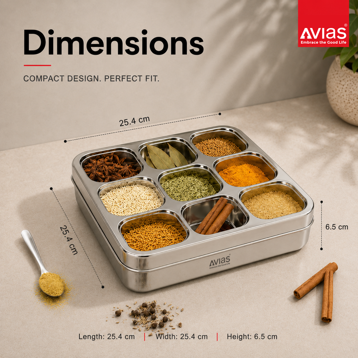 Avias 9-Square Stainless Steel Spice Box | Masala Dabba | 9 Compartments | Large