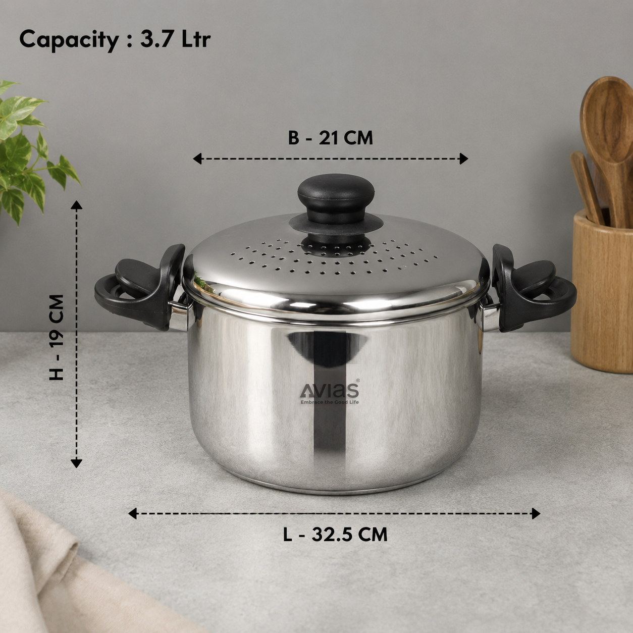 Avias Stainless Steel Strainer Pot 3.7L | Built-in Strainer + Glass Lid | Induction Compatible