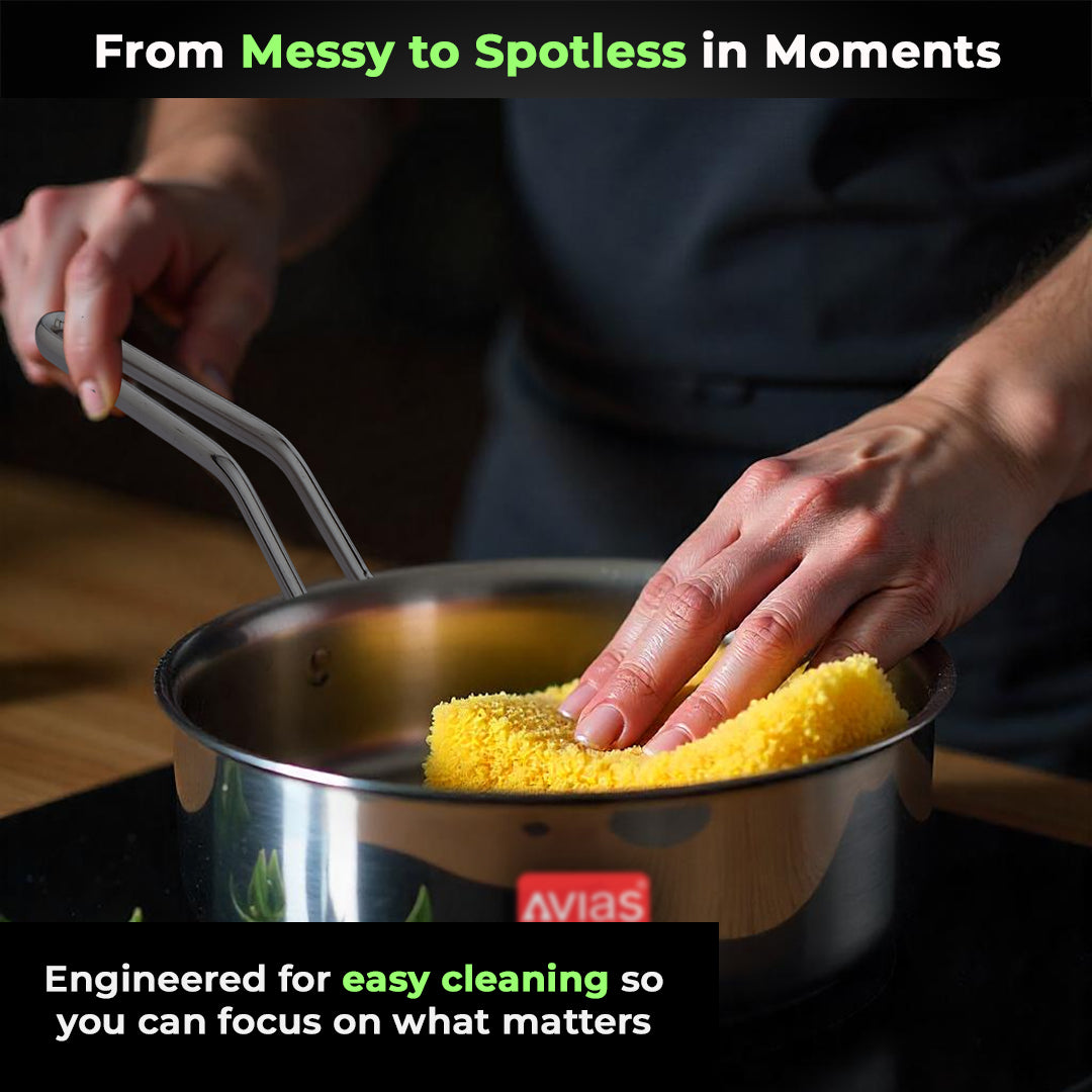 AVIAS AVI3 Triply Sauce Pan, 14 / 16 / 18 cm Stainless Steel Sauce Pan with Lid, 3 Layer, Steel Casted Handles, Flat Bottom Sauce Pan with Induction Base, 2.5 Mm Thickness, 1.1 / 1.5 / 2 Litre Capacity