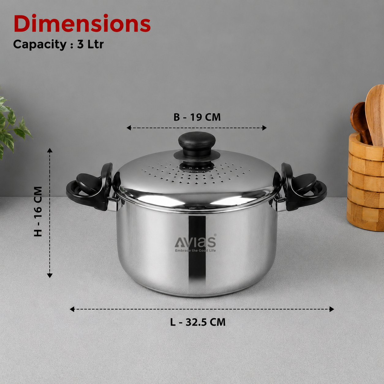 Avias Stainless Steel Strainer Pot 3L | Built-in Strainer | Induction Compatible