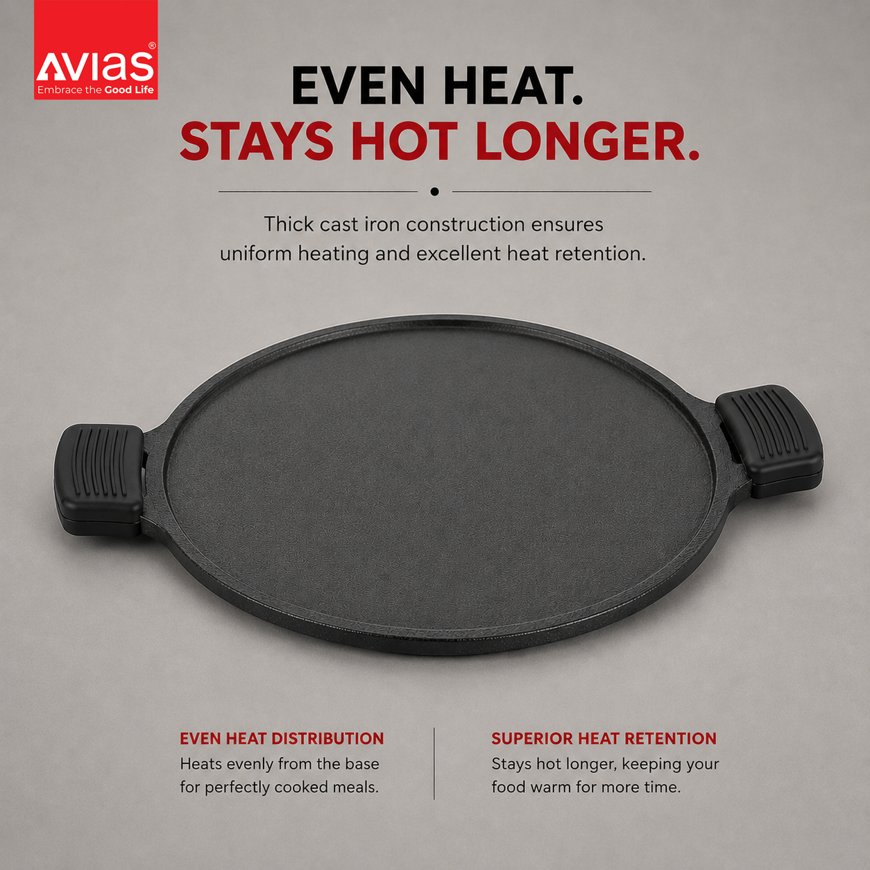 Avias Cast Iron Dosa Tawa | Dosa Kallu | 12 Inch | Pre-Seasoned | Induction Compatible | 100% Natural & Toxin-Free