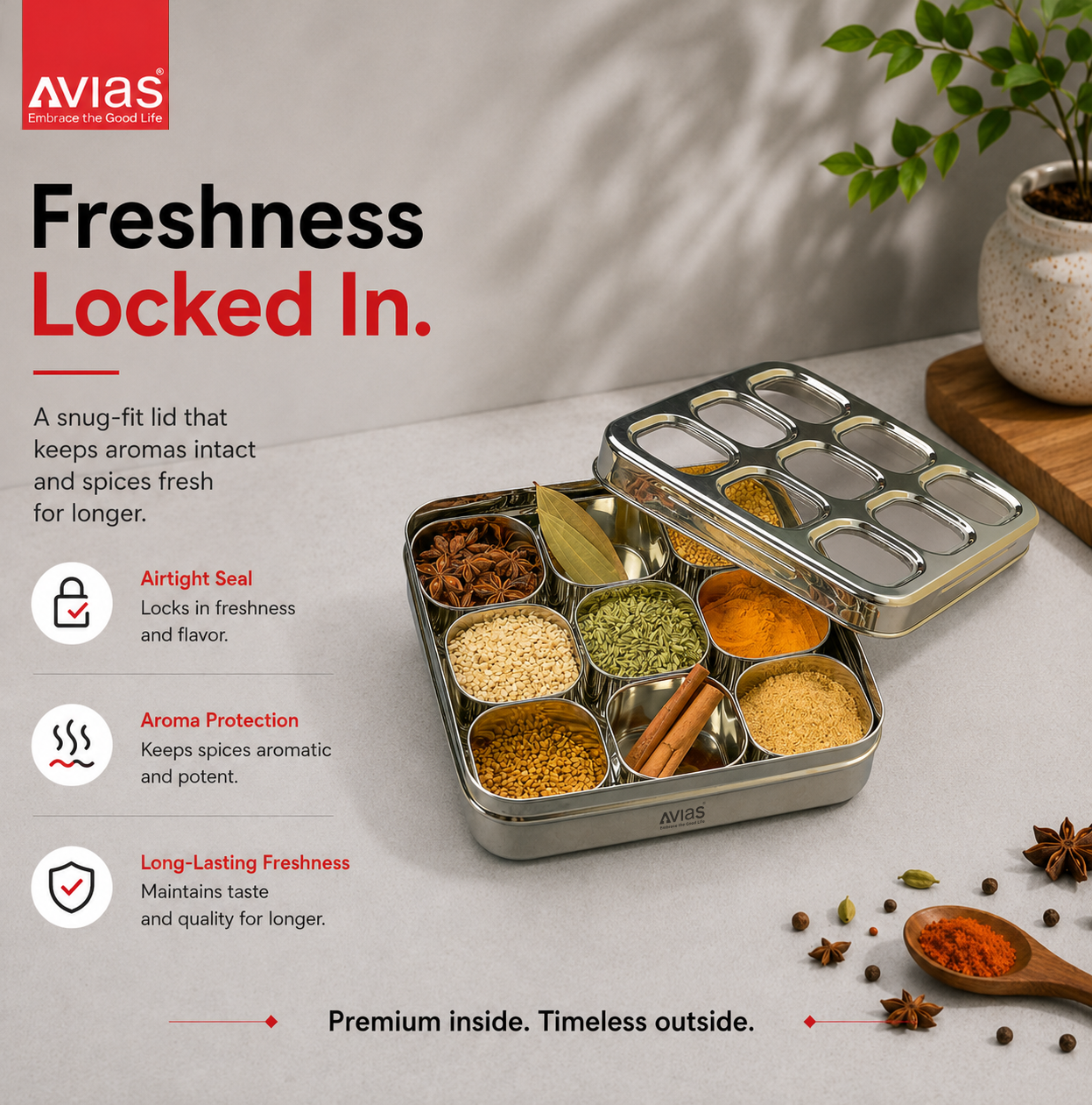 Avias 9-Square Stainless Steel Spice Box | Masala Dabba | 9 Compartments | Medium