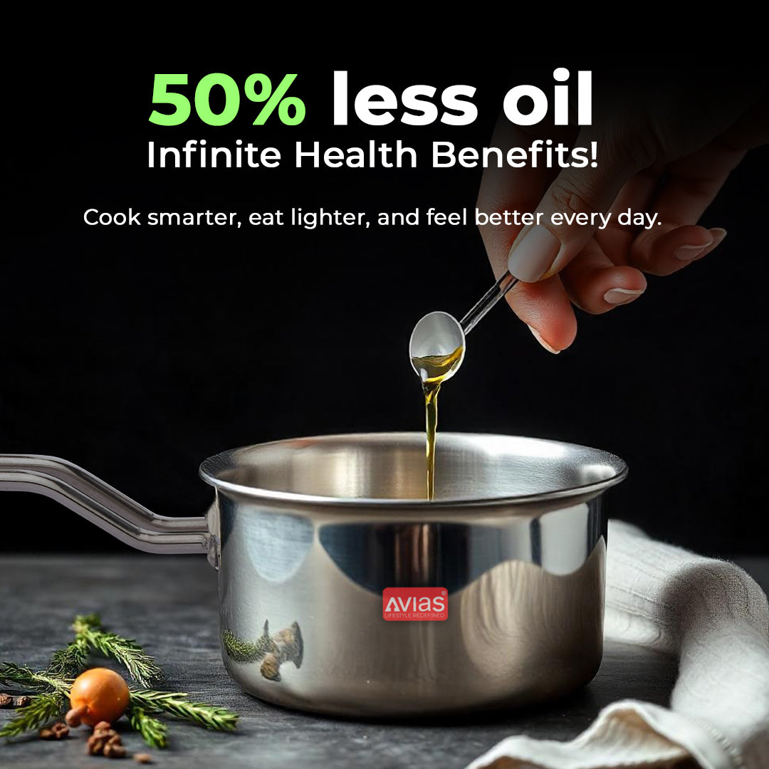 AVIAS AVI3 Triply Sauce Pan, 14 / 16 / 18 cm Stainless Steel Sauce Pan with Lid, 3 Layer, Steel Casted Handles, Flat Bottom Sauce Pan with Induction Base, 2.5 Mm Thickness, 1.1 / 1.5 / 2 Litre Capacity