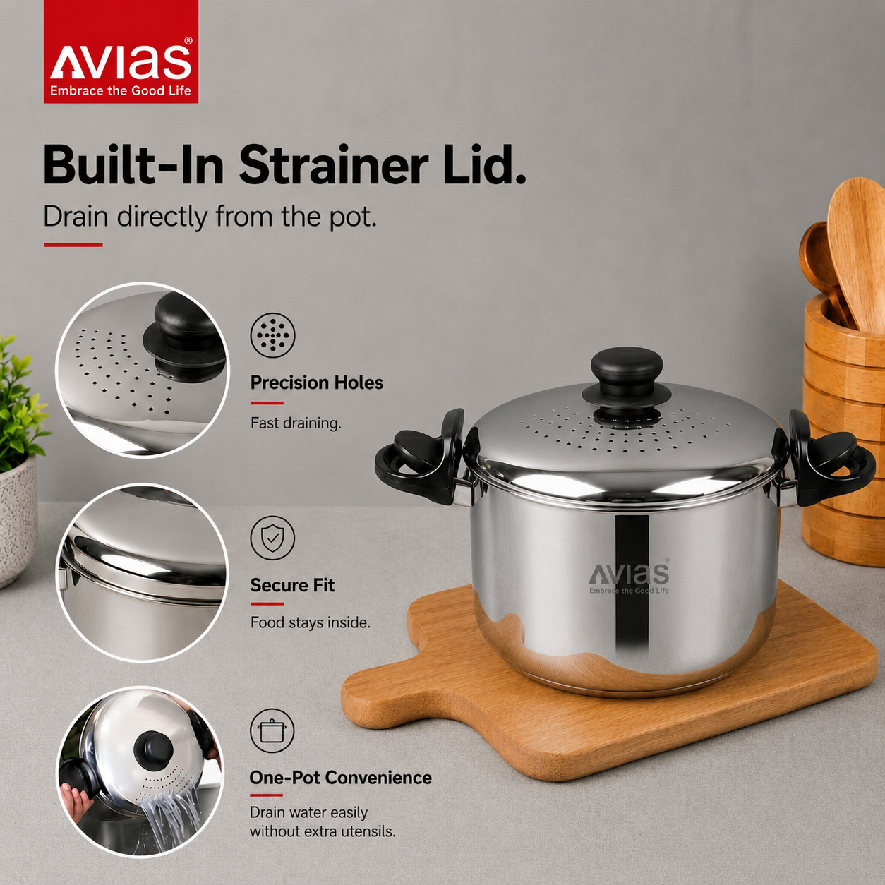 Avias Stainless Steel Strainer Pot 3L | Built-in Strainer | Induction Compatible
