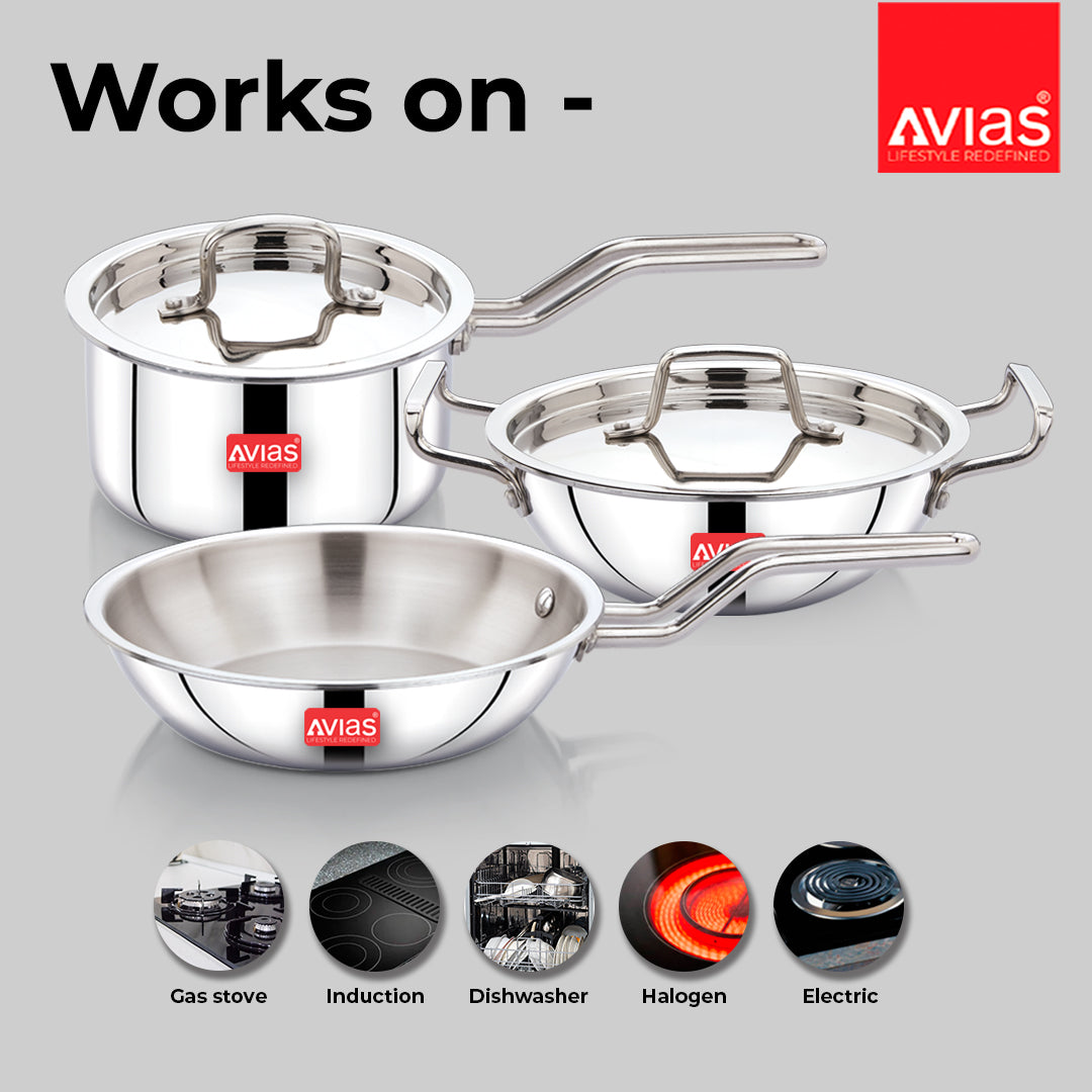 AVIAS AVI3 Triply Stainless Steel 5 Pcs Cookware Set, 22 cm Kadai with Lid, 22 cm Frypan, 14 cm Sauce Pan, Steel Casted Handles, Even and Fast Heating, Induction Bottom
