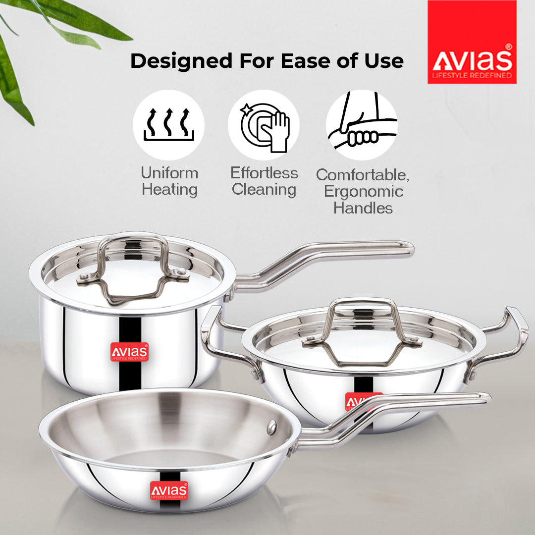 AVIAS AVI3 Triply Stainless Steel 5 Pcs Cookware Set, 22 cm Kadai with Lid, 22 cm Frypan, 14 cm Sauce Pan, Steel Casted Handles, Even and Fast Heating, Induction Bottom