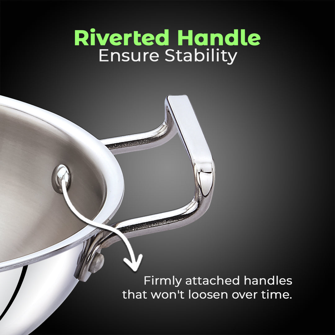 AVIAS AVI3 Triply Kadai, 20 / 22 / 24 / 26 cm Stainless Steel Kadhai with Lid, 3 Layer, Steel Casted Handles, Flat Bottom Kadhai with Induction Base, 2.5 Mm Thickness, 1.5 / 2 / 2.5 / 3.25 Litre Capacity