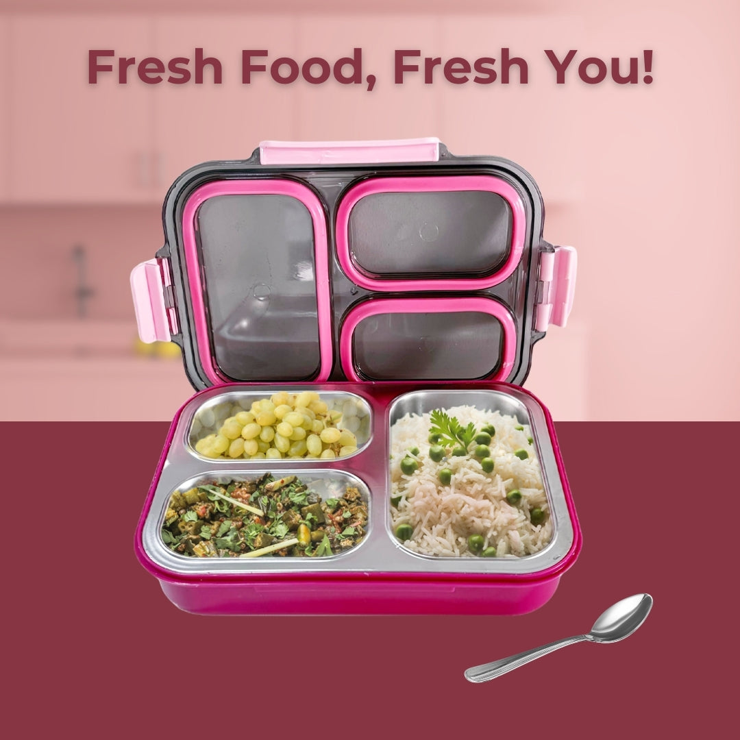 AVIAS Avifresh Stainless Steel Insulated Lunch Box with Spoon | Tiffin Box for School, College, and Office - TRIO