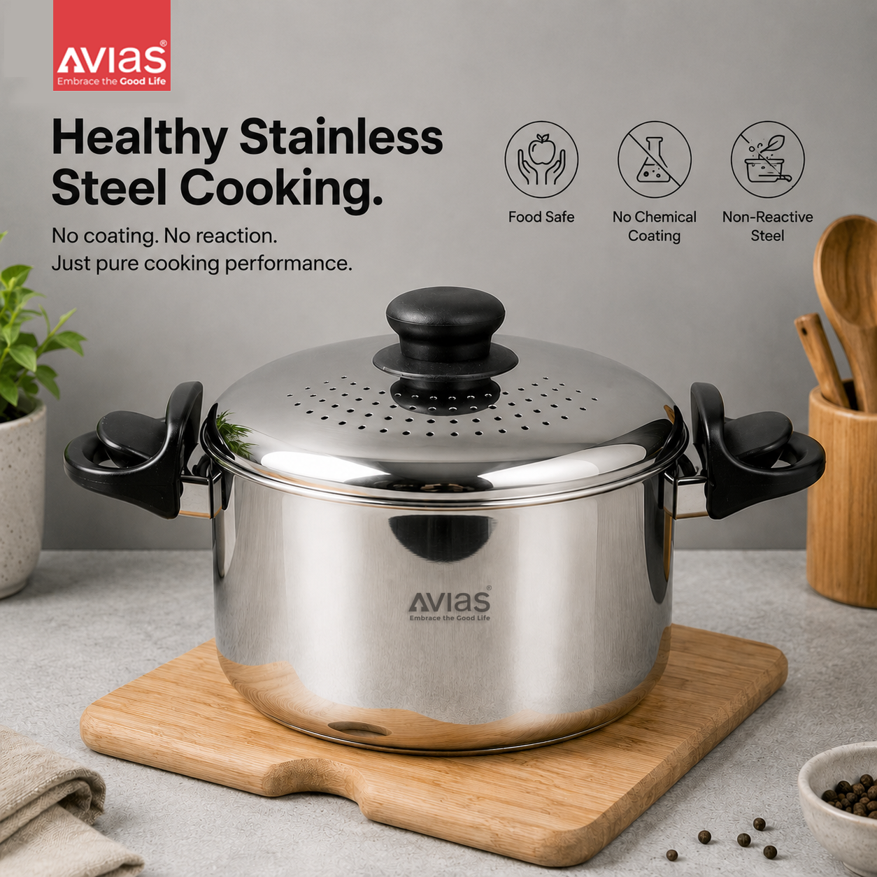 Avias Stainless Steel Strainer Pot 3.7L | Built-in Strainer + Glass Lid | Induction Compatible