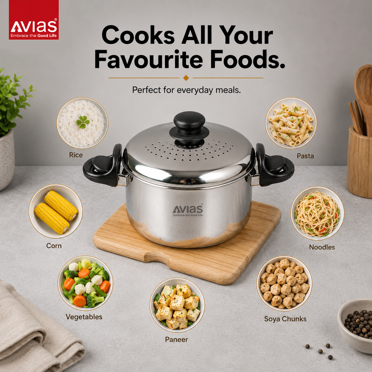 Avias Stainless Steel Strainer Pot 3.7L | Built-in Strainer | Induction Compatible