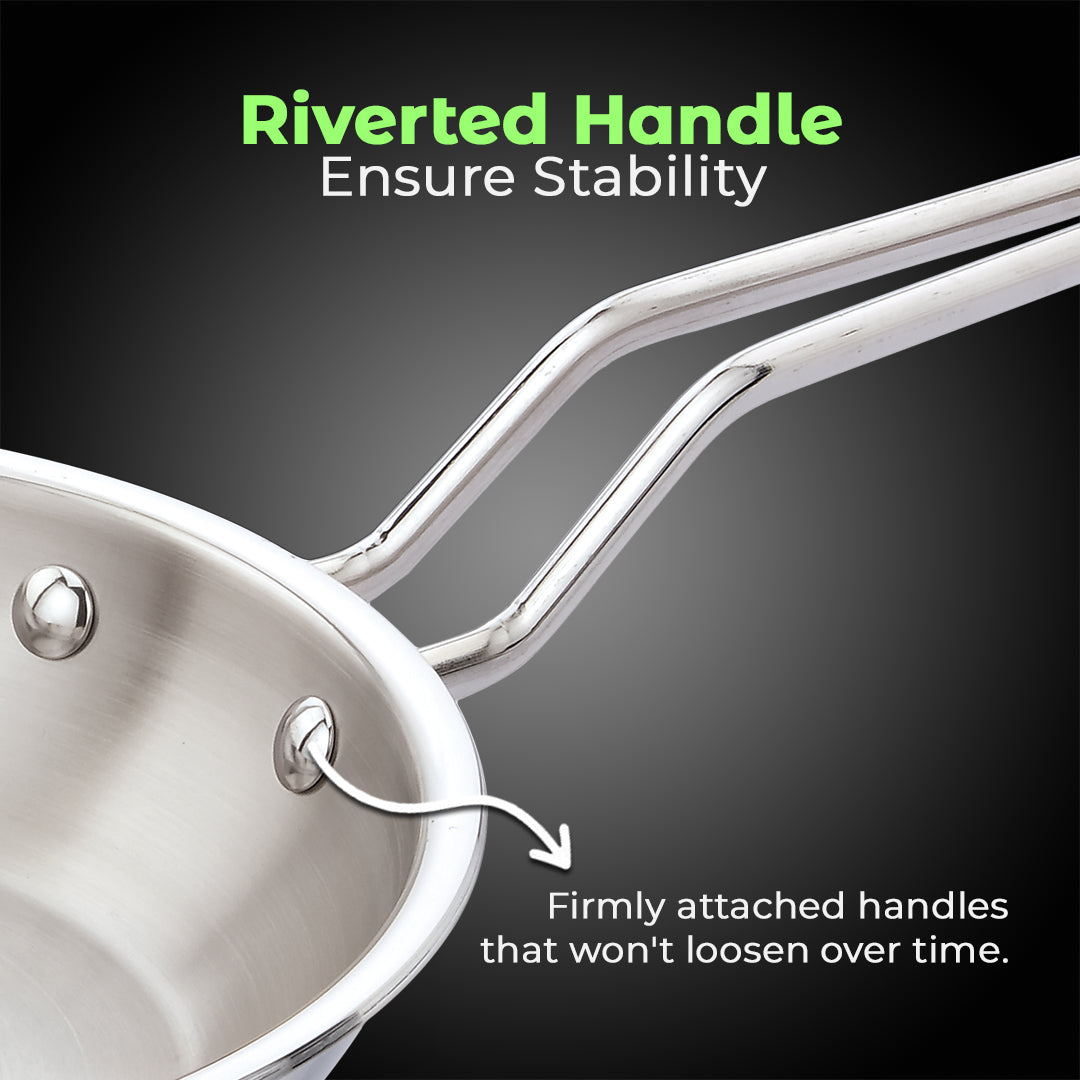 AVIAS AVI3 Triply Fry Pan, 22 / 24 cm Stainless Steel Fry Pan, 3 Layer, Steel Casted Handles, Flat Bottom Fry Pan with Induction Base, 2.5 Mm Thickness, 1.25 / 1.5 Litre Capacity