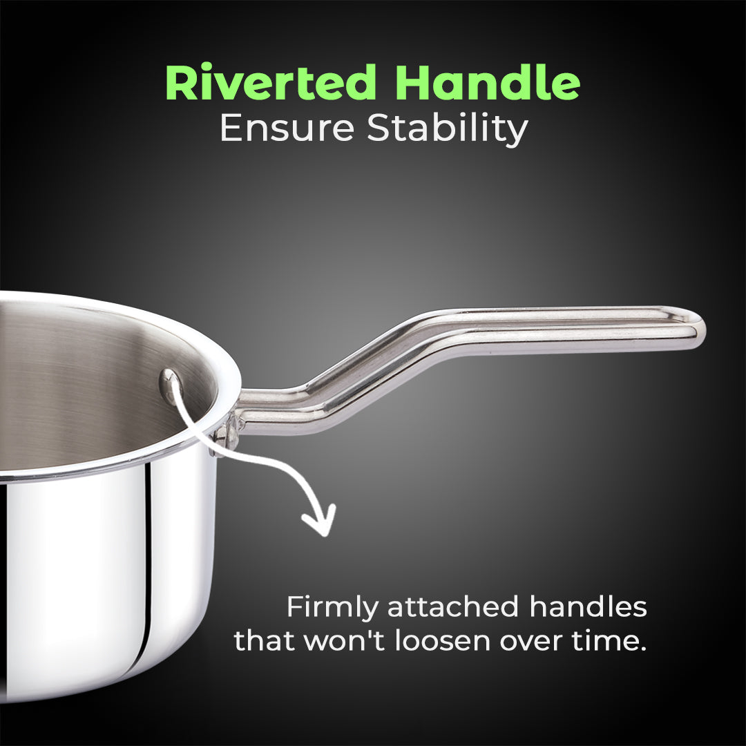 AVIAS AVI3 Triply Sauce Pan, 14 / 16 / 18 cm Stainless Steel Sauce Pan with Lid, 3 Layer, Steel Casted Handles, Flat Bottom Sauce Pan with Induction Base, 2.5 Mm Thickness, 1.1 / 1.5 / 2 Litre Capacity