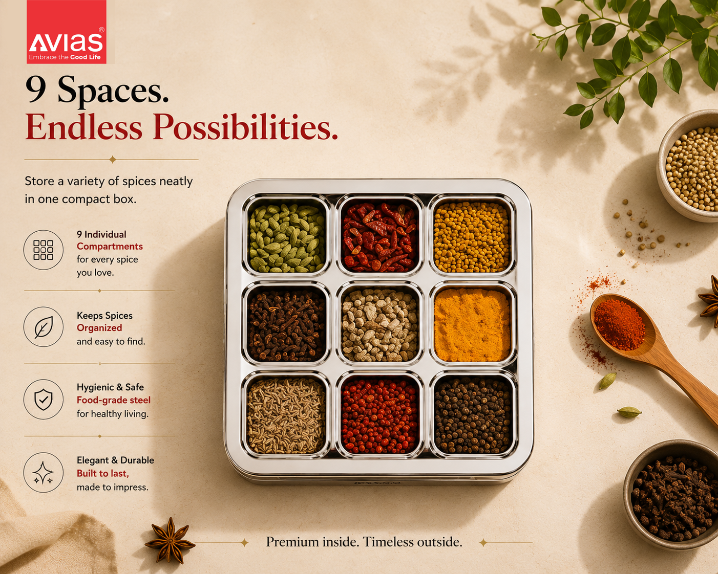 Avias 9-Square Stainless Steel Spice Box | Masala Dabba | 9 Compartments | Large