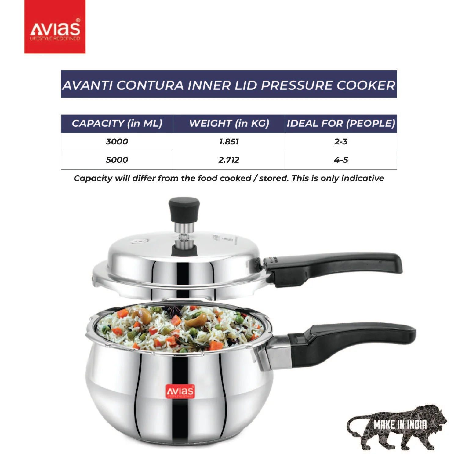 AVIAS Avanti Handi high-quality stainless steel pressure cooker capacilty and weight